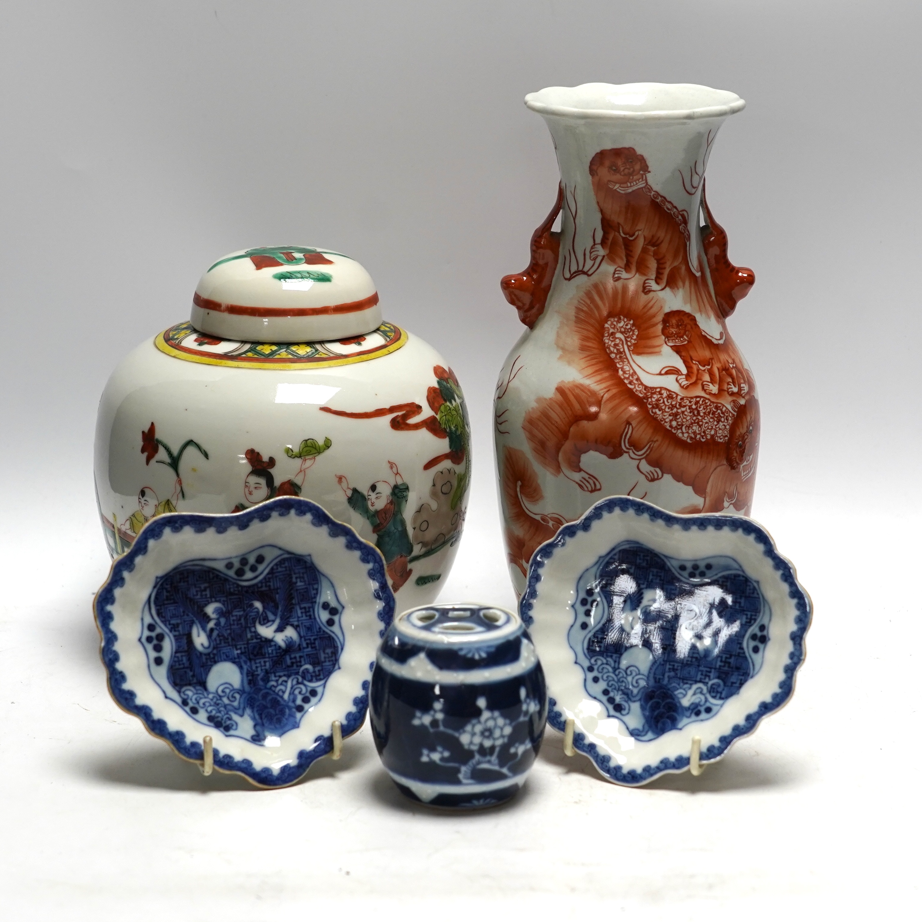 A group of Chinese porcelain including a pair of 18th century blue and white leaf shaped dishes, tallest 25.5cm